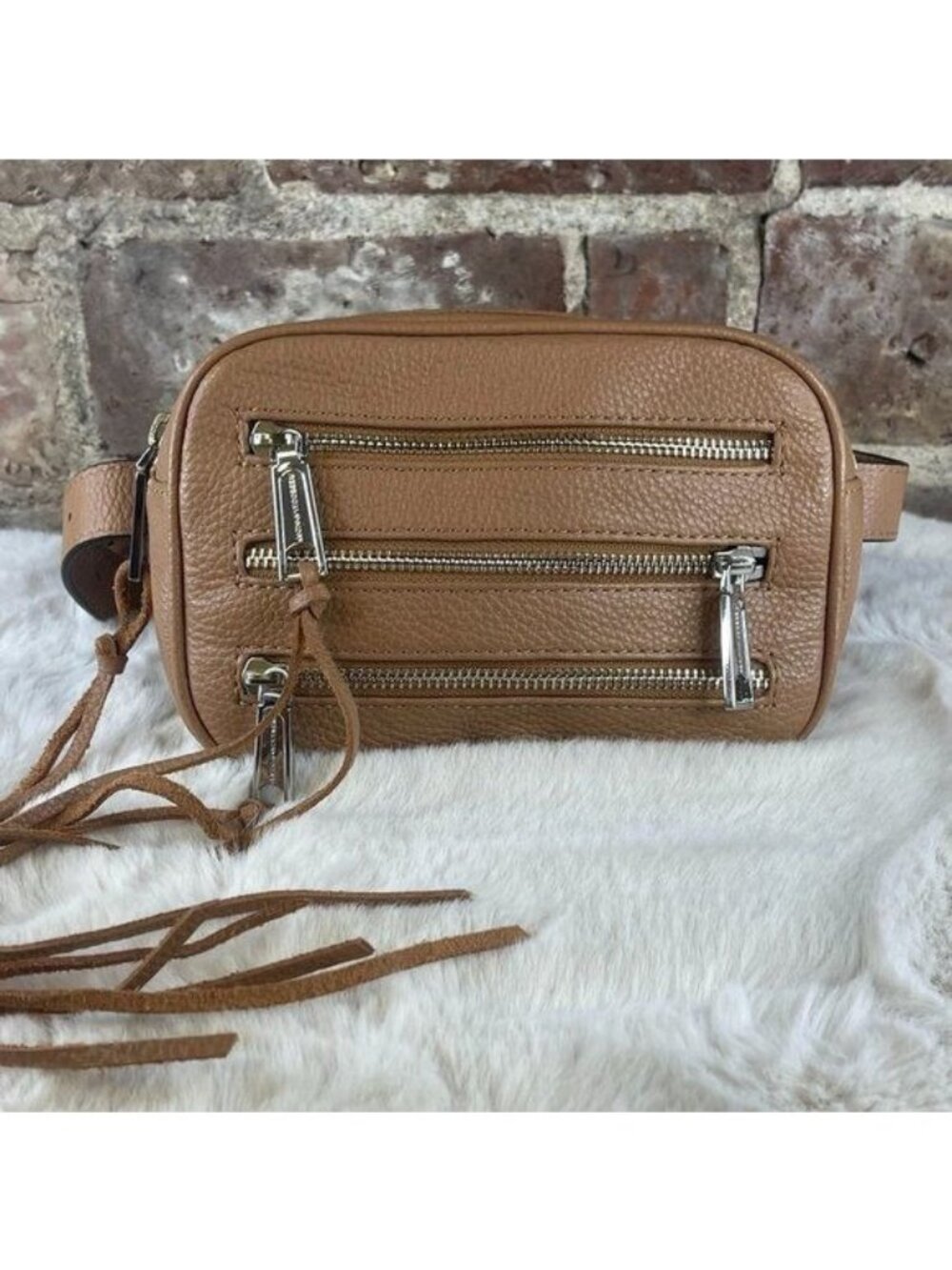 Rebecca Minkoff Desert Pebbled Brown Leather Belt Bag Three Zipper Fringe Tassel
